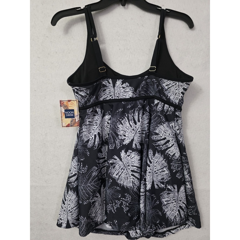 Noon Swim black and white floral monstera leaf print one-piece skirted Sz 12